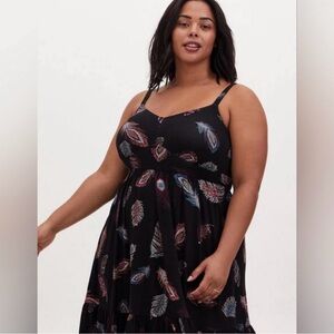 torrid Black Midi Dress with Multicolor Feather Print